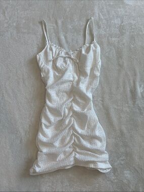 H&M White Eyelet Ruched Spaghetti-Strap Mini Dress